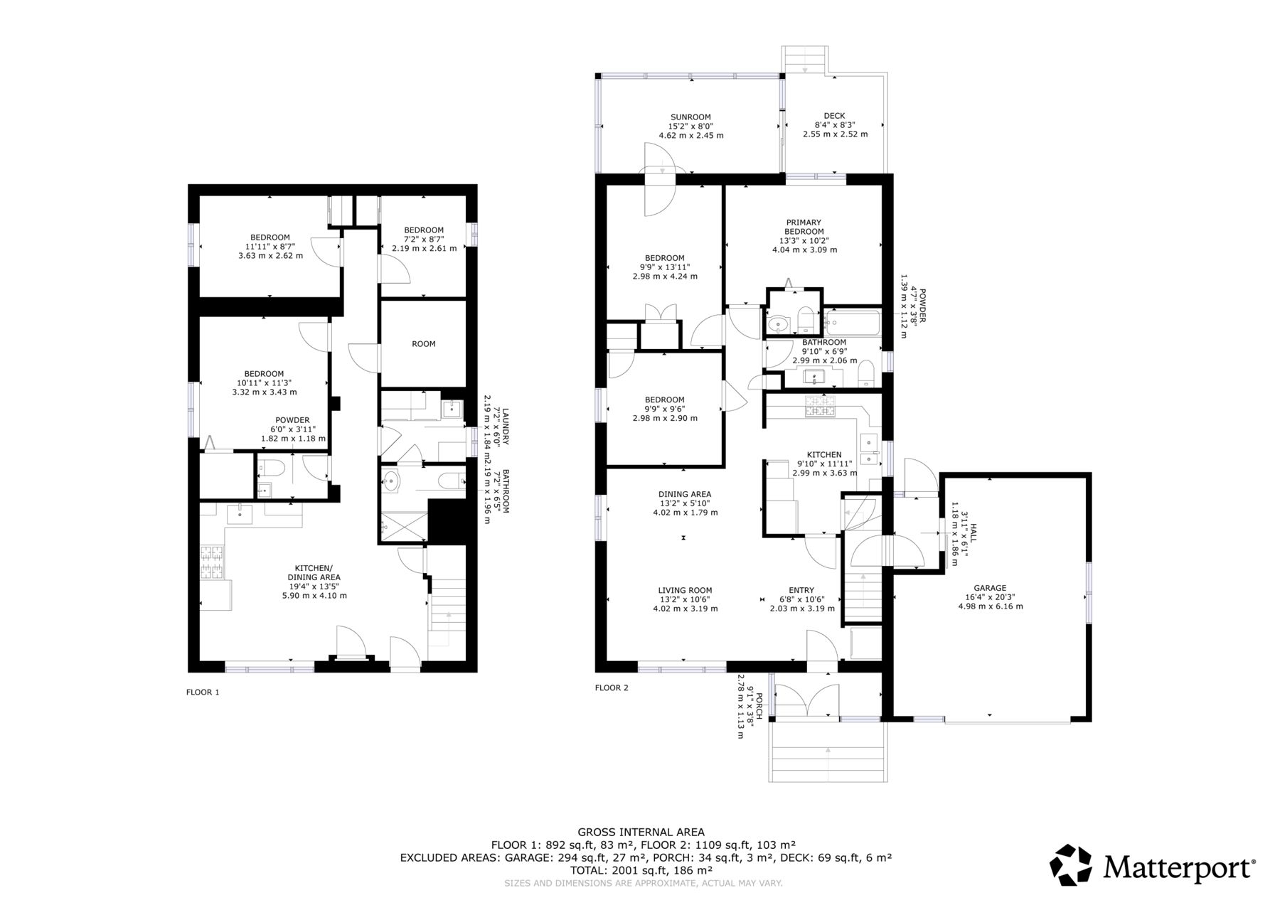 Measured two-storey floor plan with room dimensions, 2,001 sq ft total